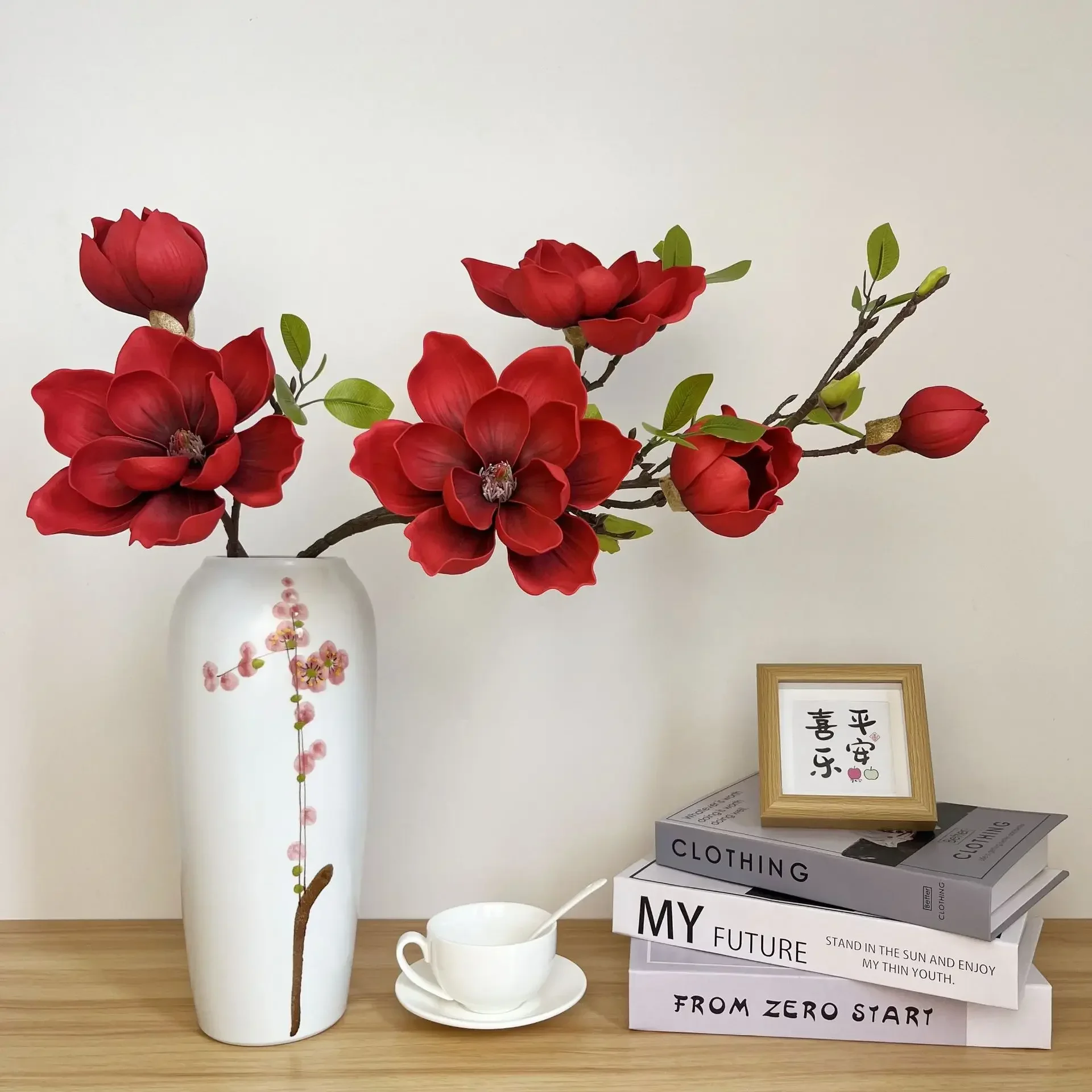 1PC Artificial Magnolia Six Head 110cm EVA Material Real Touch Simulation Magnolia Wedding Home Balcony Decoration Fake Flowers