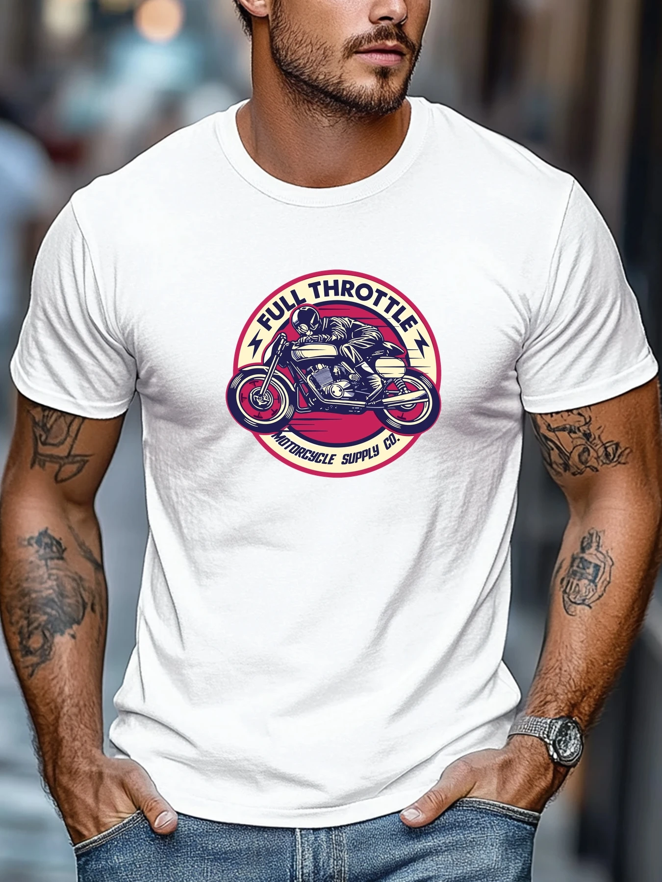 Fashion Mens White Basic Tee Classic Retro Motorcycle Full Throttle Circular Logo Art Print Light Round Neck Rider Street Dail