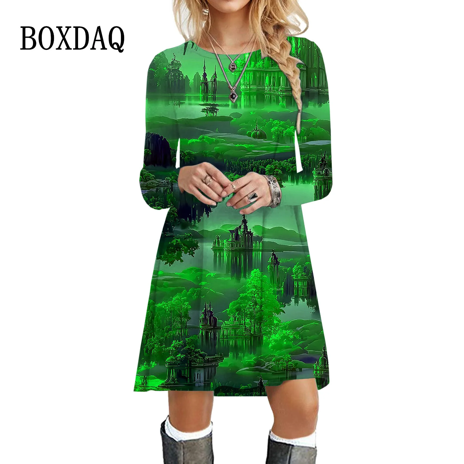 3D Natural Scenery Vintage Dress For Women Landscape Print A-Line Dress Long Sleeve Oversized Female Clothing Casual Party Dress