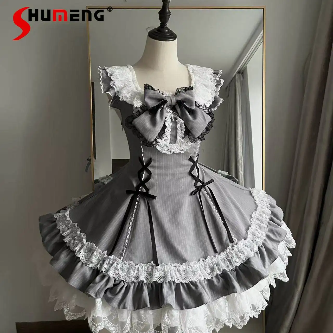 

Gray Striped Lolita Dresses JSK Bow Lace Stitching Flutter Sleeve Kawaii Dress Girls Women Slim Fit Y2k Dress Summer Vestido