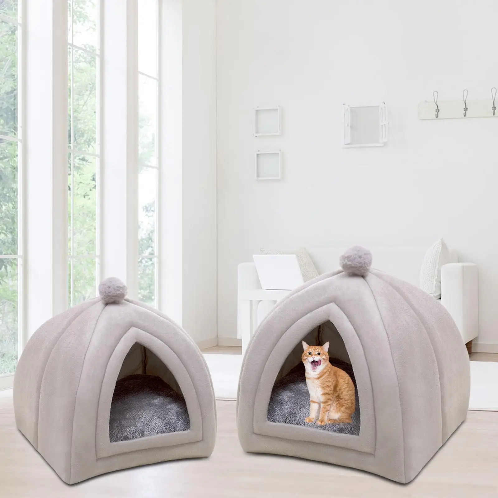 Portable Cat house Warm Cushion Washable Nest Kennel Plush for Floor Indoor Cats