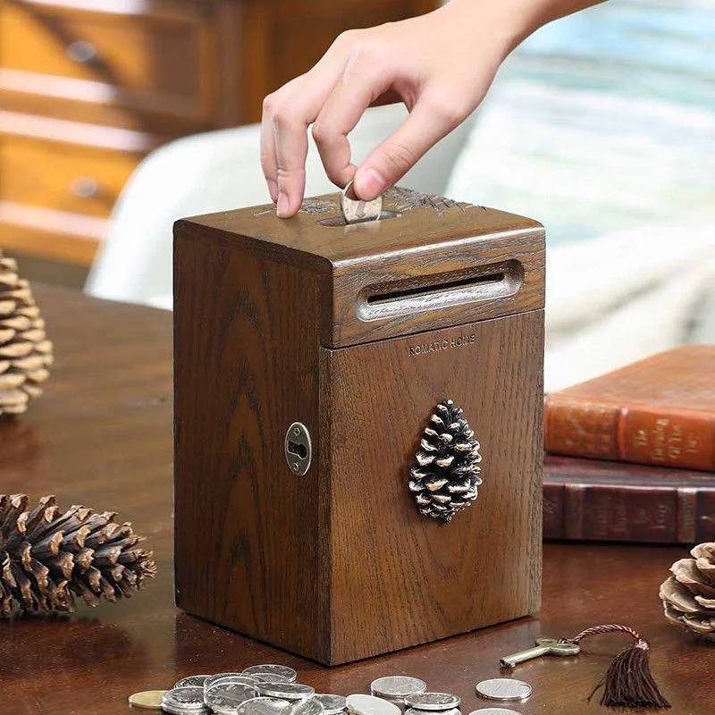 Vintage Coin Bank Wooden Saving Box Solid Wood Good-looking Storage Tank Children\'s Saving Box Lucky Money Storage Box