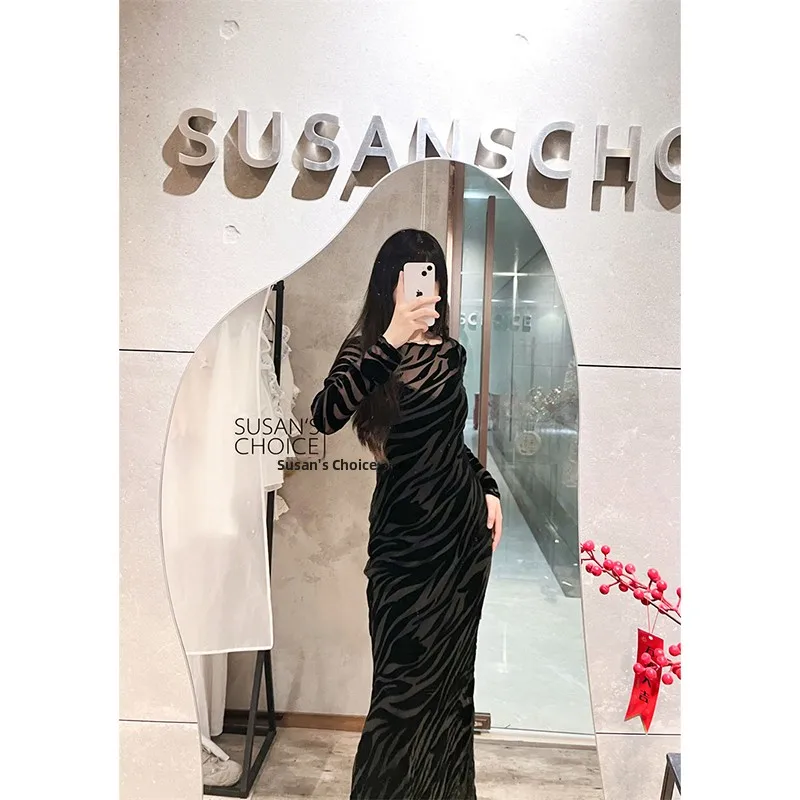 Susan Sexy Bla velours tulipe longue Sve minceur Dr Ele doux Sle automne Faion femmes Dr fabricant chinois