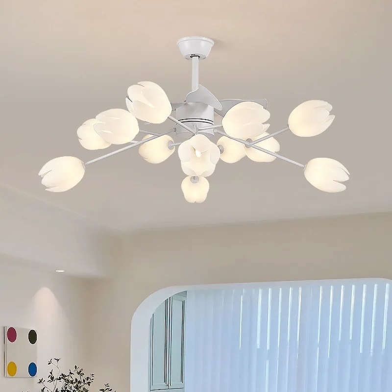 Fan Lamp Ceiling Fan Lights  Hong Kong Style Pastoral Cream Style Living Room Bedroom Dining Room Integrated Electric Fan Ch