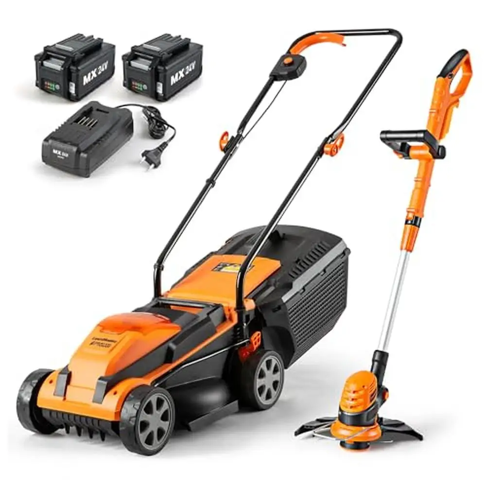 24V Max Cordless Lawn Mower and Grass Trimmer Combo with Batteries and Charger Powerful Engine Rust-Resistant Deck Adjustable