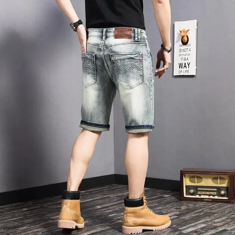 남성용 스트레이트 스키니 데님 반바지, 찢어진 슬림 그래픽 롱 숏 청바지, 버뮤다 하프 포켓, 럭셔리 신상품