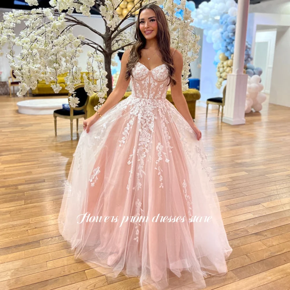 

Flowers Sweetheart Party Gowns Lace Applique Prom Gowns A Line Evening Gowns for Women Straps vestidos de fiesta Customized