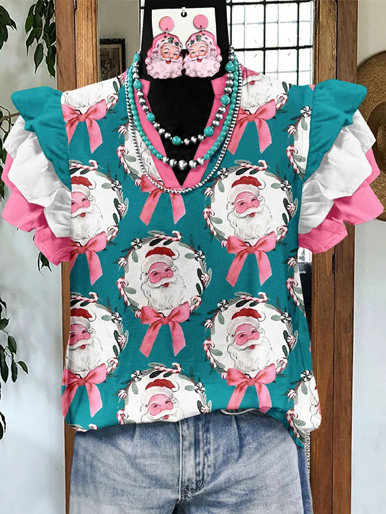 Cute Christmas Santa Claus Print Fly Sleeve Top Ruffled  Blouse