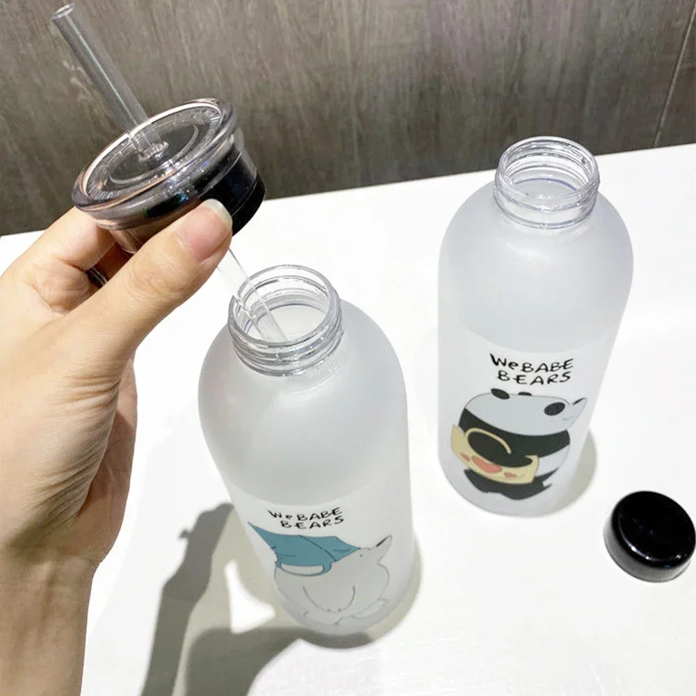 1000ml Water Bottles Cute Panda Bear Cup with Straw Transparent Cartoon Kawaii Water Bottle Drinkware Frosted Cup Protein Shaker