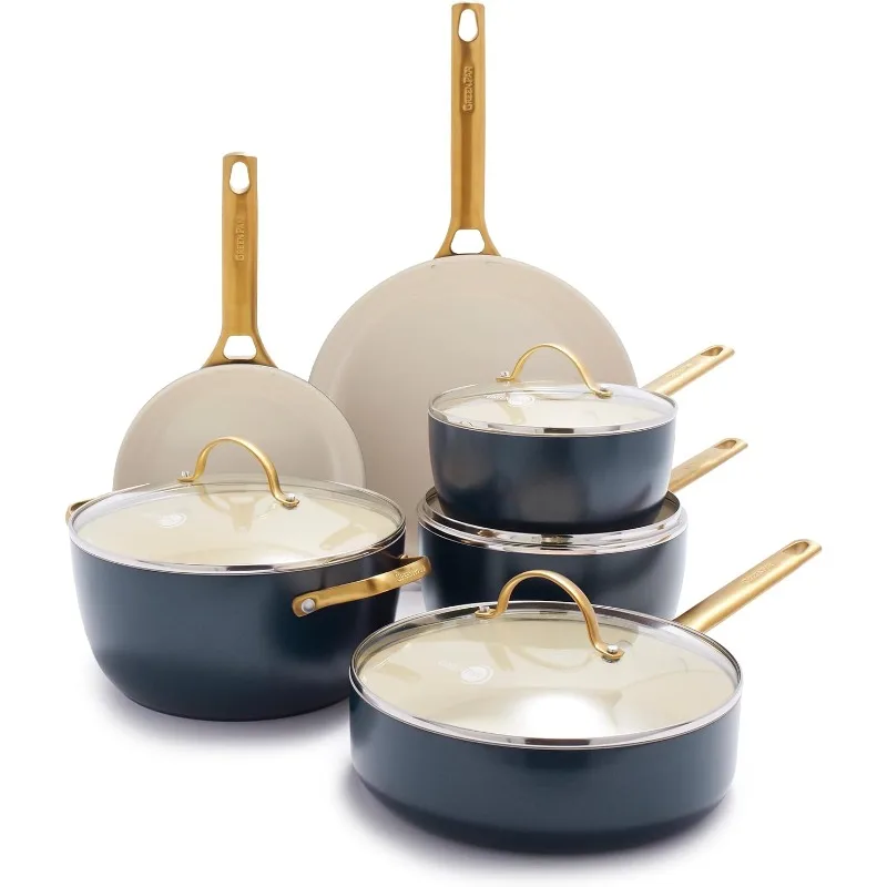 

Hard Anodized Healthy Ceramic Nonstick 10 Piece Cookware Pots and Pans Set Gold Handle Dishwasher Safe Oven Safe Cookware Set