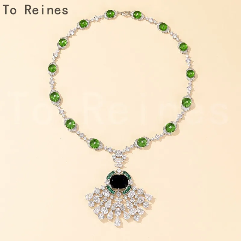 To Reines 925 Sterling Silver Green Beads Diamond Pendant Long Necklaces Luxury Design Jewelry Women Temperament Party Choker