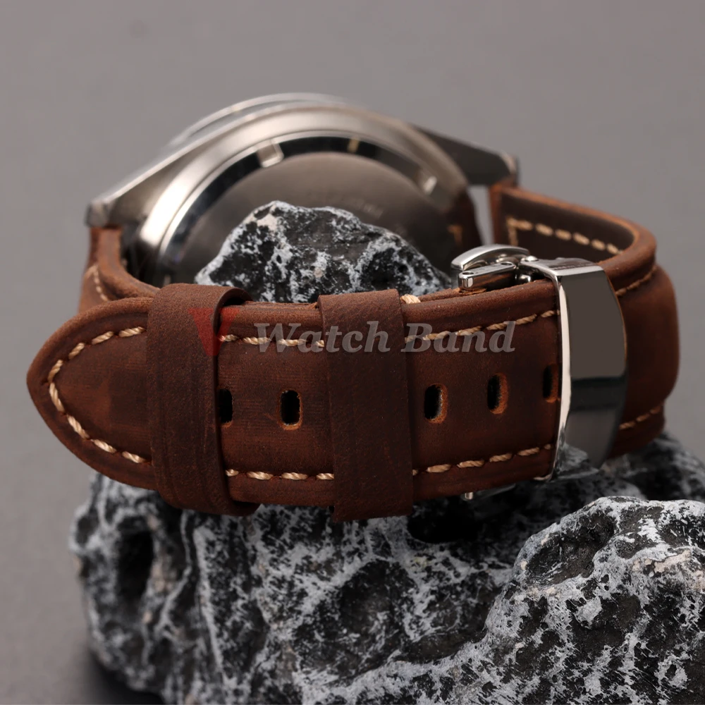 Genuine Calfskin Leather Watchband for Omega Business Watch Band 20mm 22mm 24mm 26mm Butterfly Buckle Stitching Brown Strap image 5