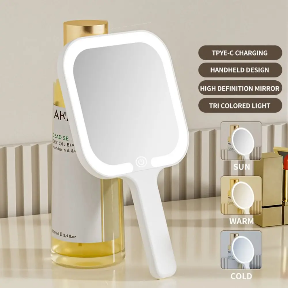 Fill Light LED Makeup Mirror Square/Round Hand-held Lighted Hand Mirror 3 Color Dimmable Lights Adjustable Brightness