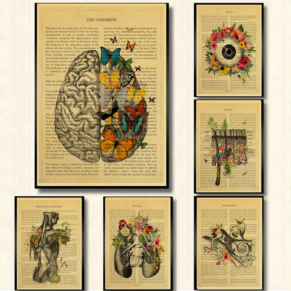 Anatomy Floral Heart Brain Organs Medical Poster Kraft Paper Decoration Home  Wall Art Painting Pictures Doctor Clinic Decor