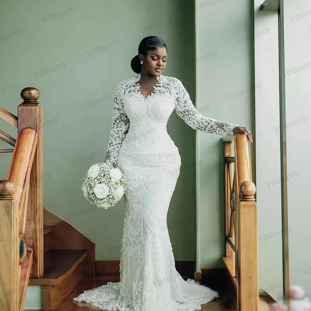 

Африканское свадебное платье русалки больших размеров по индивидуальному заказу, иллюзия со съемным шлейфом и длинными рукавами, кружевные свадебные платья из бисера для невесты