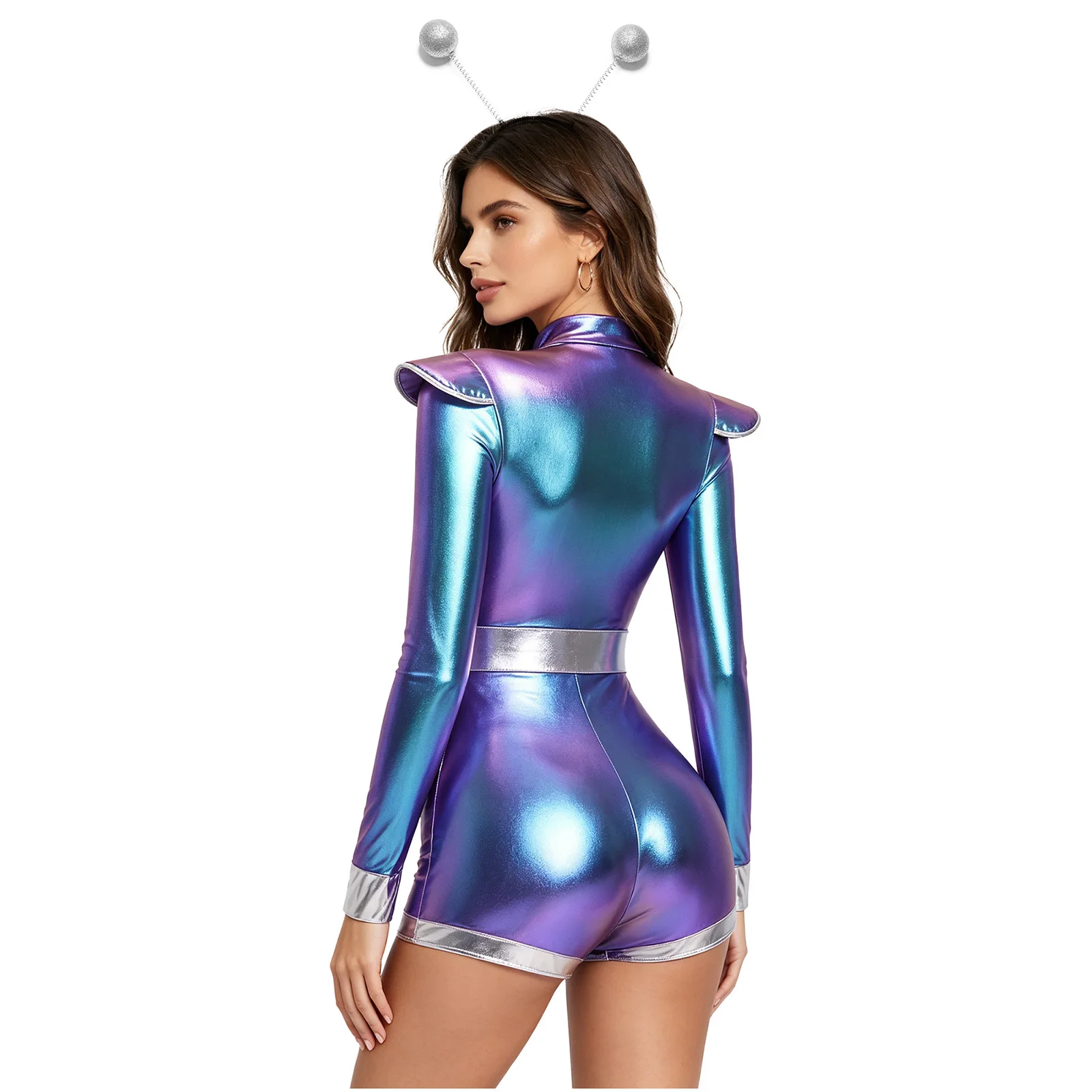 Disfraz de Cosplay de Mujer Alienígena del Espacio Exterior, Traje de Lentejuelas Degradadas con Conjunto de Accesorios para la Cabeza para Halloween y Fiestas de Disfraces
