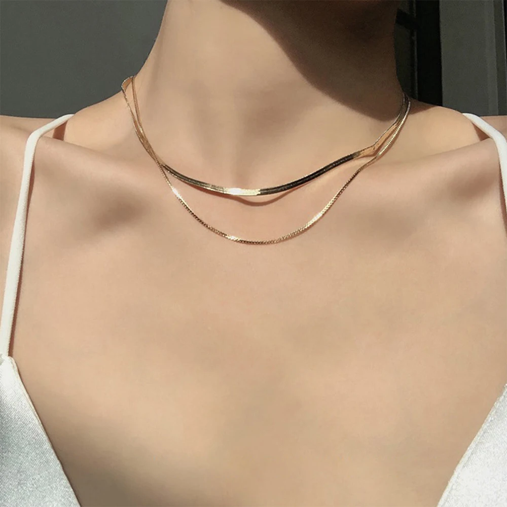 Minimalist temperament, double-layer titanium steel flat snake bone necklace, women's light luxury, niche design, sensory elemen