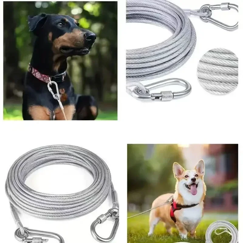 304 Stainless Steel Wire Rope Heavy Duty Pet Tie Out Cable with Lock Carabiner Hook Anti Rust Outdoor Dog Leash for Yard Camping