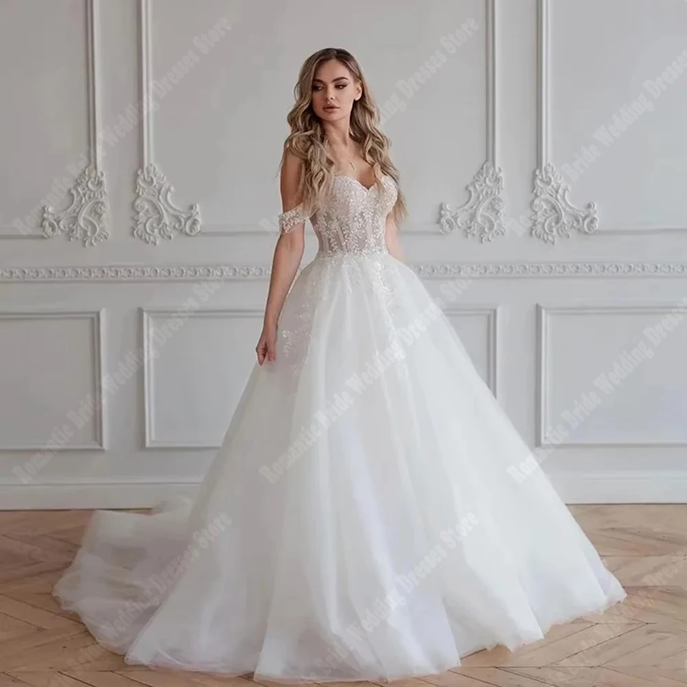 

Sweetheart Collar Women Wedding Dresses Off The Shoulder Tulle A-Line Bridal Gowns Mopping Length Vestidos De Novias Customized