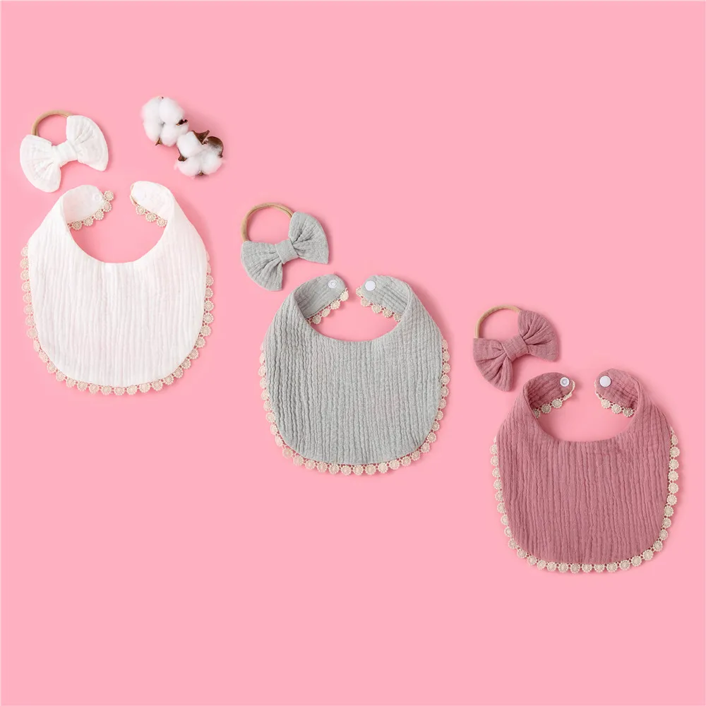 2Pcs/Set Cotton Baby Bib Bow Headband Adjustable Button Saliva Towel Solid Color Infant Boy Girl Feeding Burp Cloth Soft Bibs