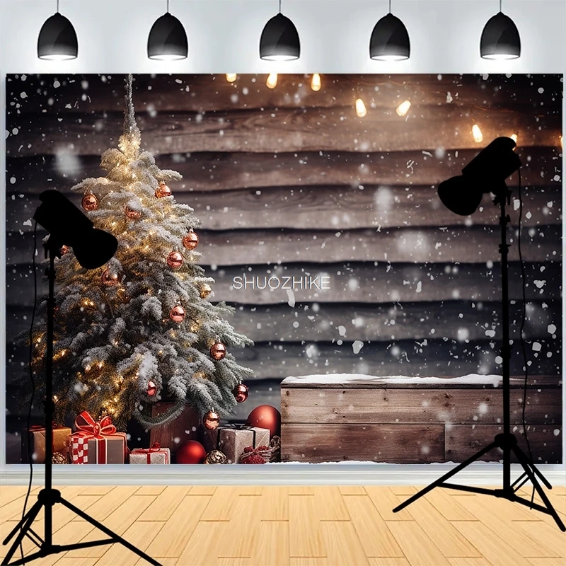 

Christmas Tree Gifts Lights Wooden Background Living Room Ornament Snowflake Family Party New Year Photography Backdrops XH-13
