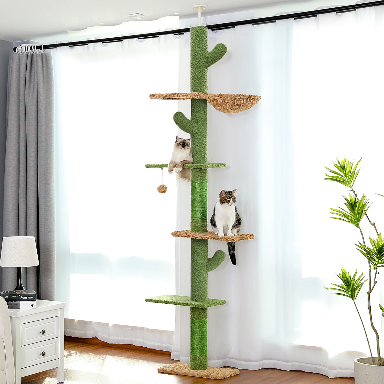 Árbol para gatos de altura ajustable para interior, torre para gatos de piso a techo con postes rascadores, condominio para gatos, hamaca y bolas colgantes