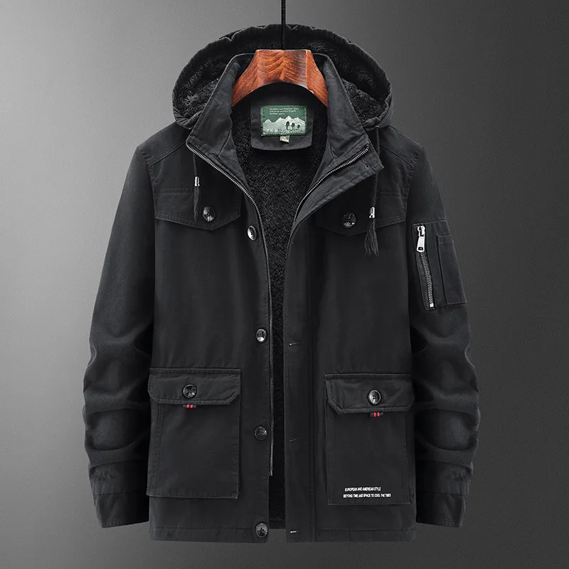 Winter Cotton-padded Men's Tooling Jacket Medium And Long Men's Large-size Coat Warm And Thicker
