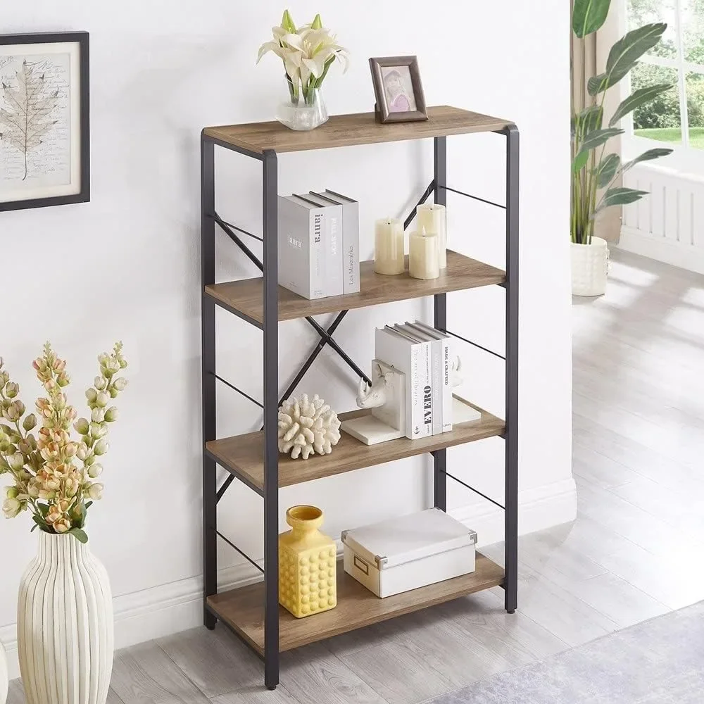 

4 Tier Open Bookshelf, Vintage Free Standing Book Shelf, Rustic Wood and Metal Bookcase for Home Office, Oak