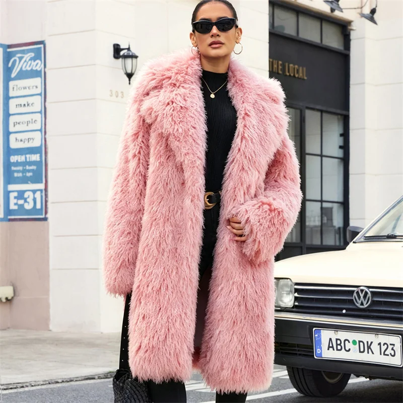 Women's Spring/autumn Jacket with Fur Mongolian Wool Faux Fur Coat For Women Suit Collar Solid Color Long Overcoat Female Coat