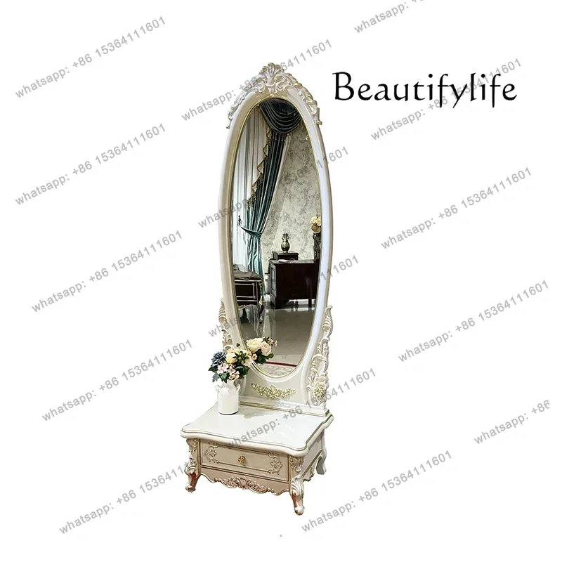 

French solid wood full-length mirror European-style palace luxury carved warm gray bedroom with drawers full-body floor mirror