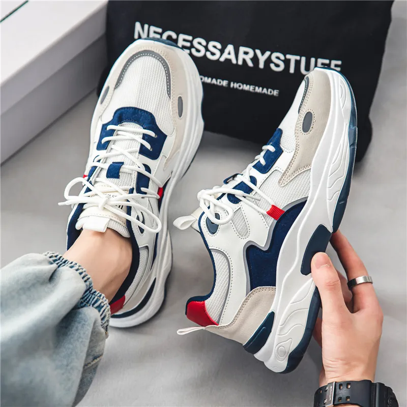 Men White Blue Red Color Block Dad Sneakers, Lace Up Breathable Light Thick Sole Comfort Outdoor Trend Casual Sports Shoes