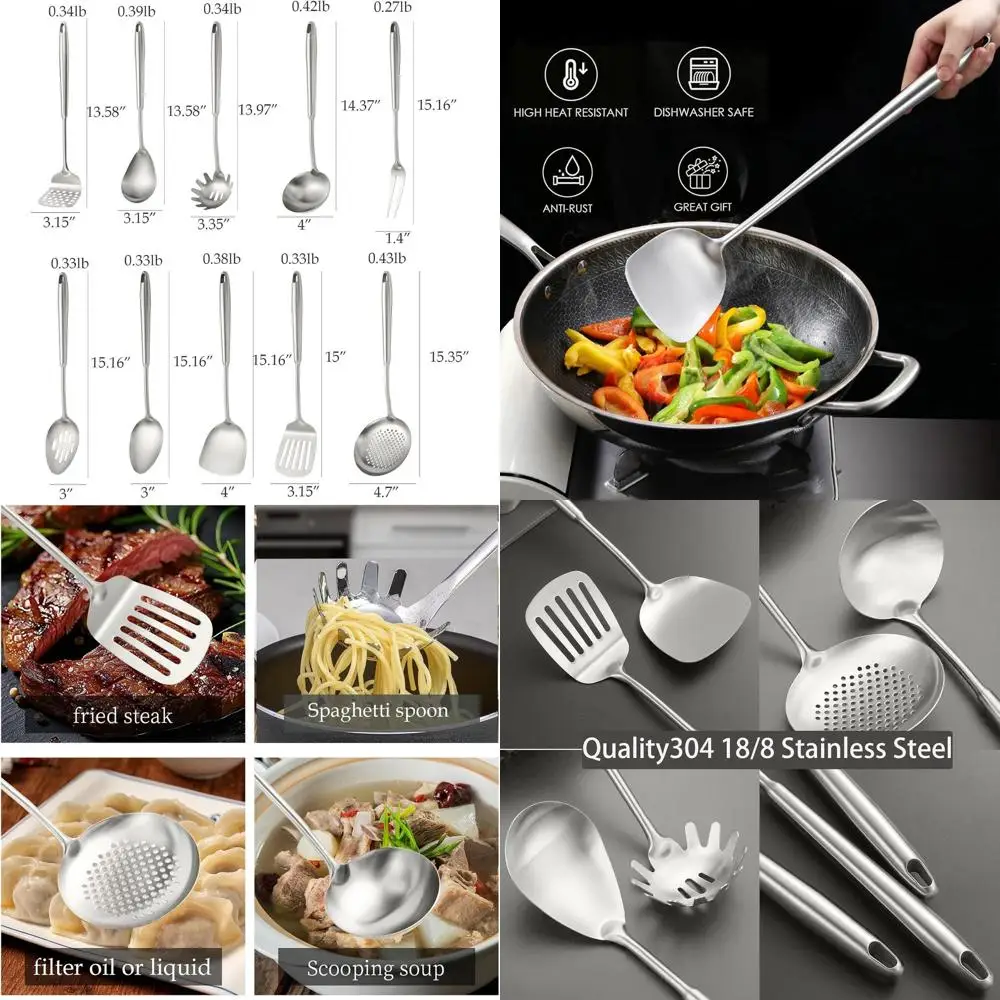 

Набор кухонных инструментов из 10 предметов из нержавеющей стали: давилка, твердые/шлицевые ложки, лопаточки, ковш, скиммер, ложка для спагетти