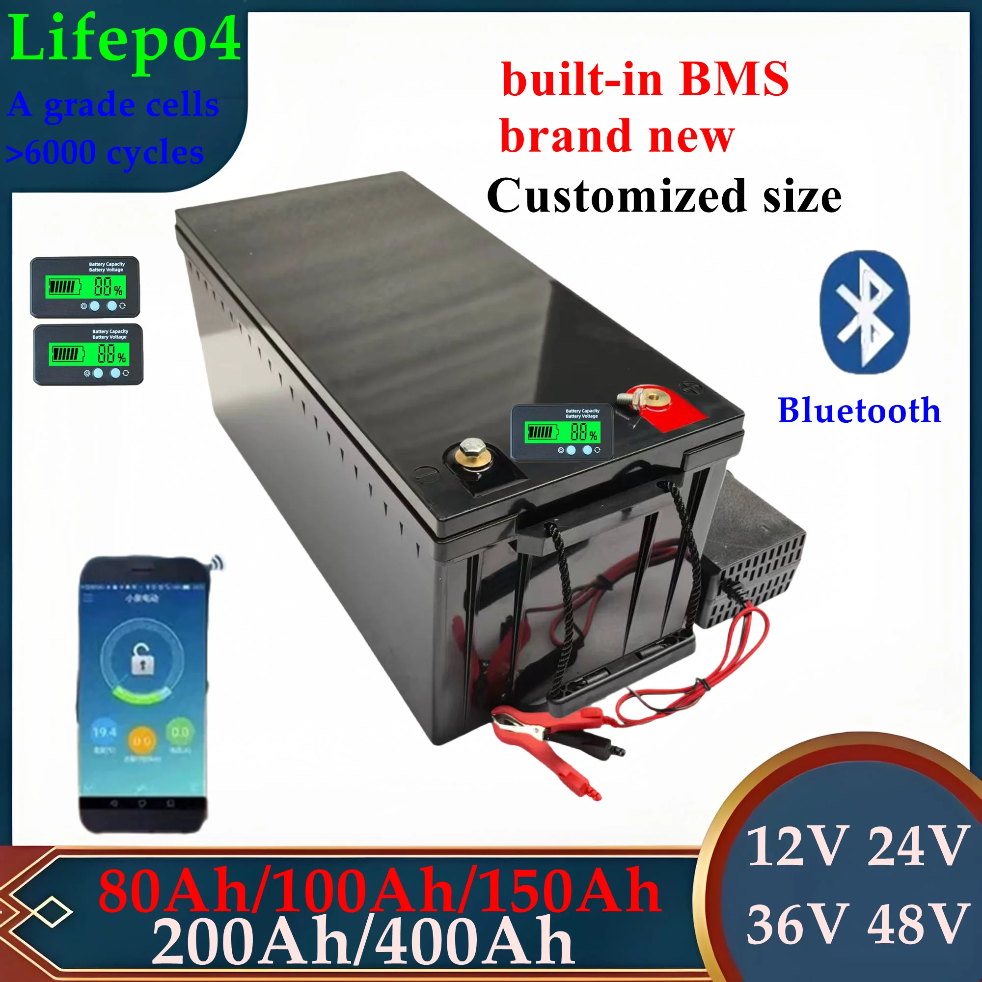 HX-Waterproof 12V 24V 36V 48V 80Ah 100Ah 150Ah 200Ah 400Ah Lifepo4 battery BMS inside for trolling motor boat RV +Charger