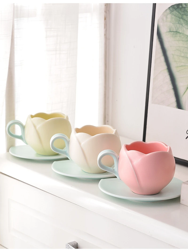 Ceramic Cup Dish Cute Tulip Ceramics Mugs Flower-shaped Coffee Milk Cups Saucers Creative Vintage Plate Set Drink Cups 300ml