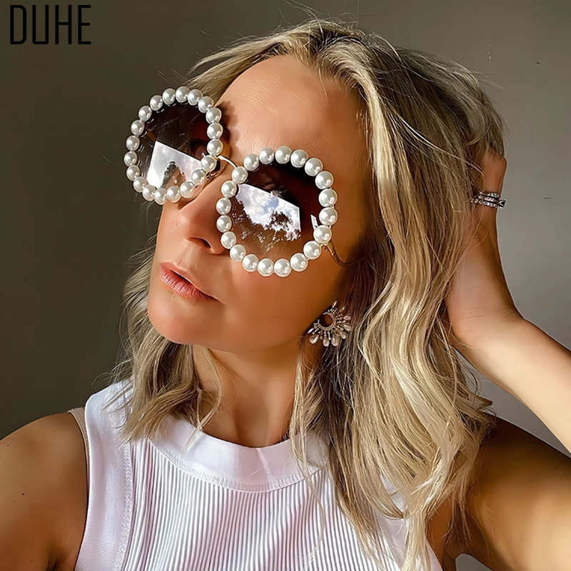 

Pearl Metal Large Frame Round Sunglasses Fashionable Wavy Temples Women's Sunglasses High-End Light Luxury Casual Ins Sunglasses