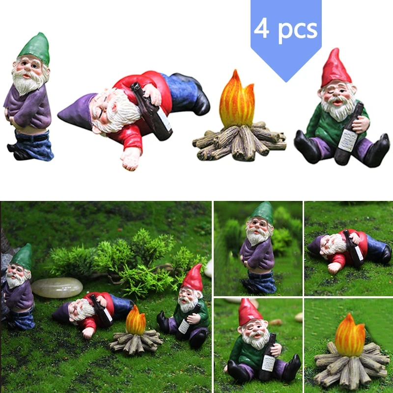 

4 Pcs Fairy Garden Drunk Gnomes Miniature Ornaments Set Mini Dwarf Bonfire Statues for Planter Flowerpot Decor Accessories