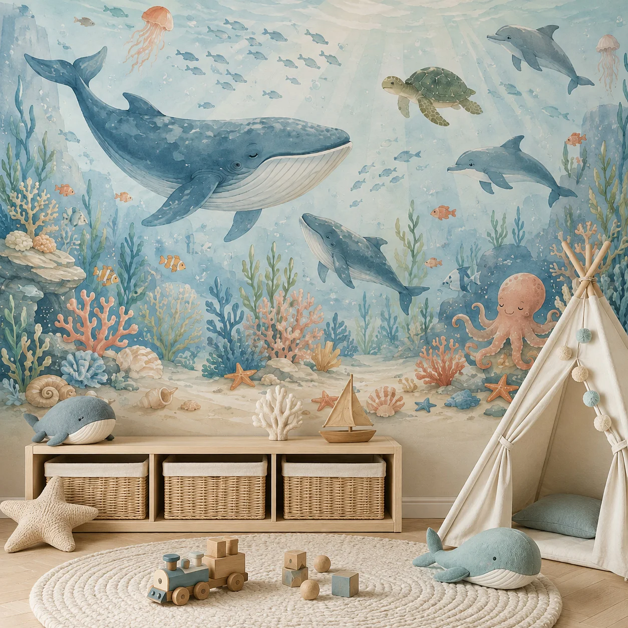 Kids Ocean Wallpaper Mural Whale Dolphin Turtle Underwater Sea Animals Wall Decor Nursery Bedroom Non Self Adhesive
