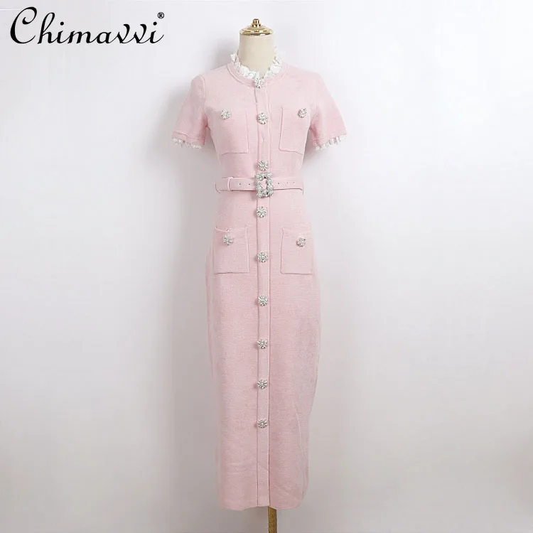 

Осеннее новое высококачественное модное трикотажное платье с кружевной отделкой и воротником, элегантное женское платье с короткими рукавами и милым поясом со стразами