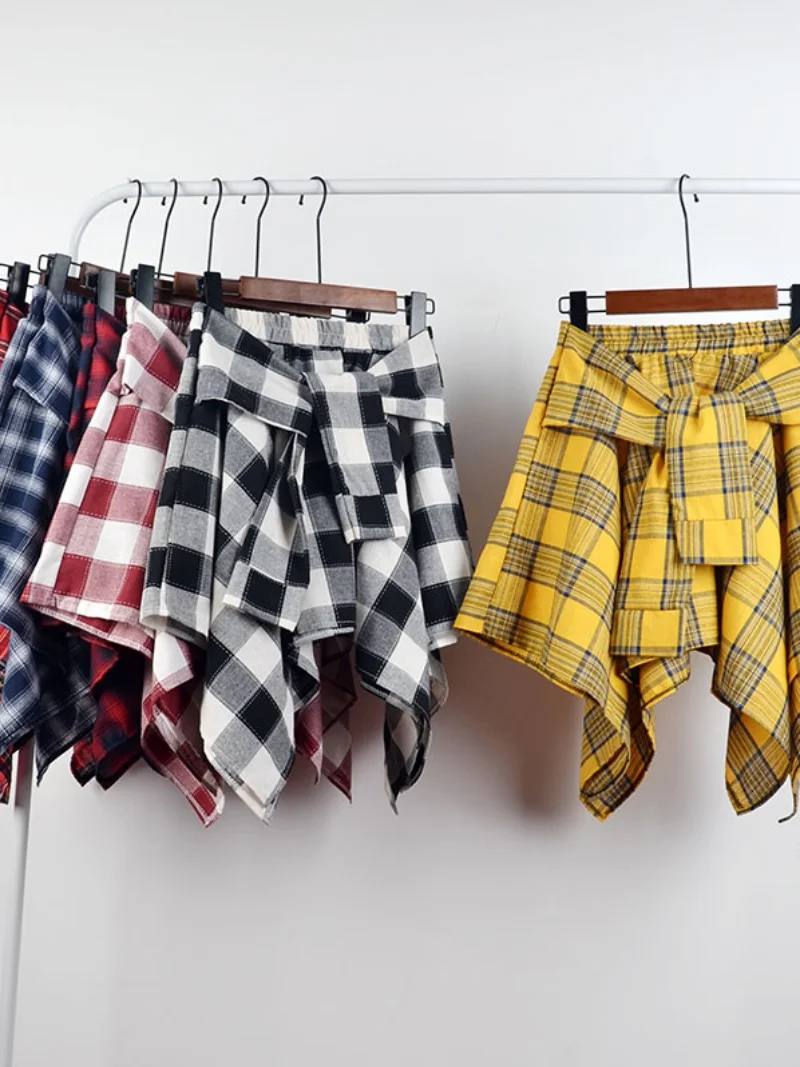 Plaid  Skirt High Waist A-Line ort Skirt Dance Sle Student Casual Women's Irregular id Pattern Cotton Summer Skirt