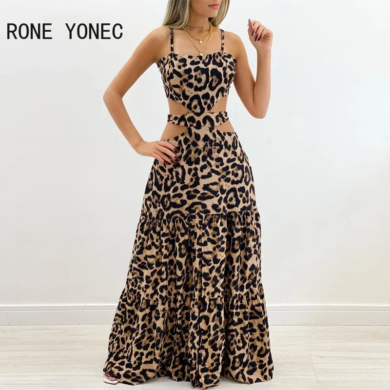 Women Elegant Lace Up Sexy Leopard Pattern Spaghetti Straps Midriff Ruffles Maxi Sexy Dresses