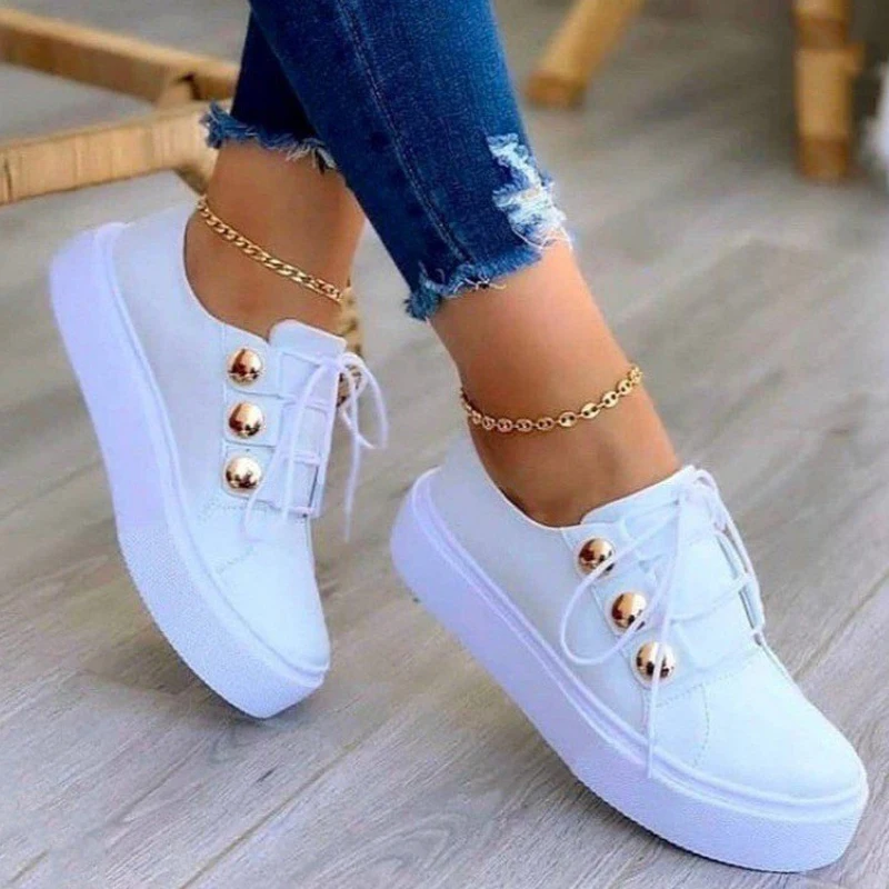

Summer White Women Shoes Fashion Round Toe Platform Shoes Plus Size Casual Sneakers Lace Up Flats Women Slip On Tennis Shoes