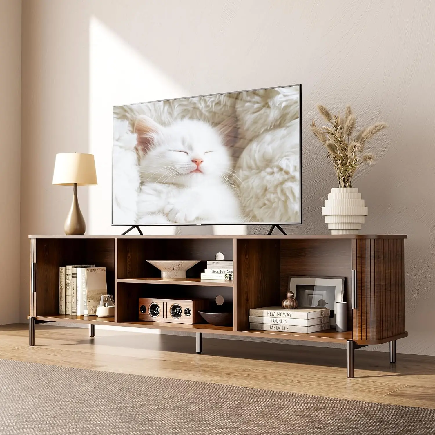 70" Mid-Century Fluted TV Stand with Storage up to 80 Inch, Walnut