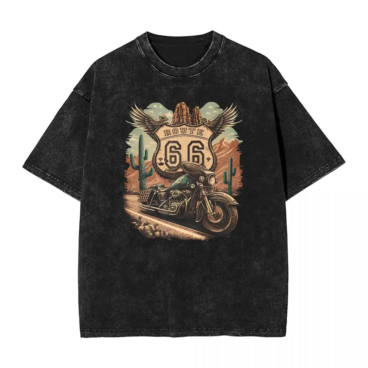 Route 66 T Shirt Hip Hop Washed Oversize T-Shirts Motorcycle Cruise America Men Women Tops Streetwear Printed Tops Tees