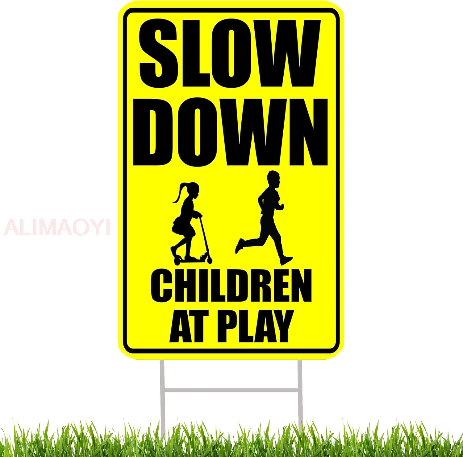 Slow Down Children Kids At Play Yard Sign With Stakes Double Sided Caution Neighborhood Yard Sign Large 17 by 13 Inch, W ALIMAO