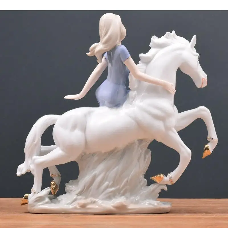 Classical Western Girl Ceramics Portrait Horse Riding Statue Figurines Vintage Home Decor Desk Decoration Porcelain Statuette view 4