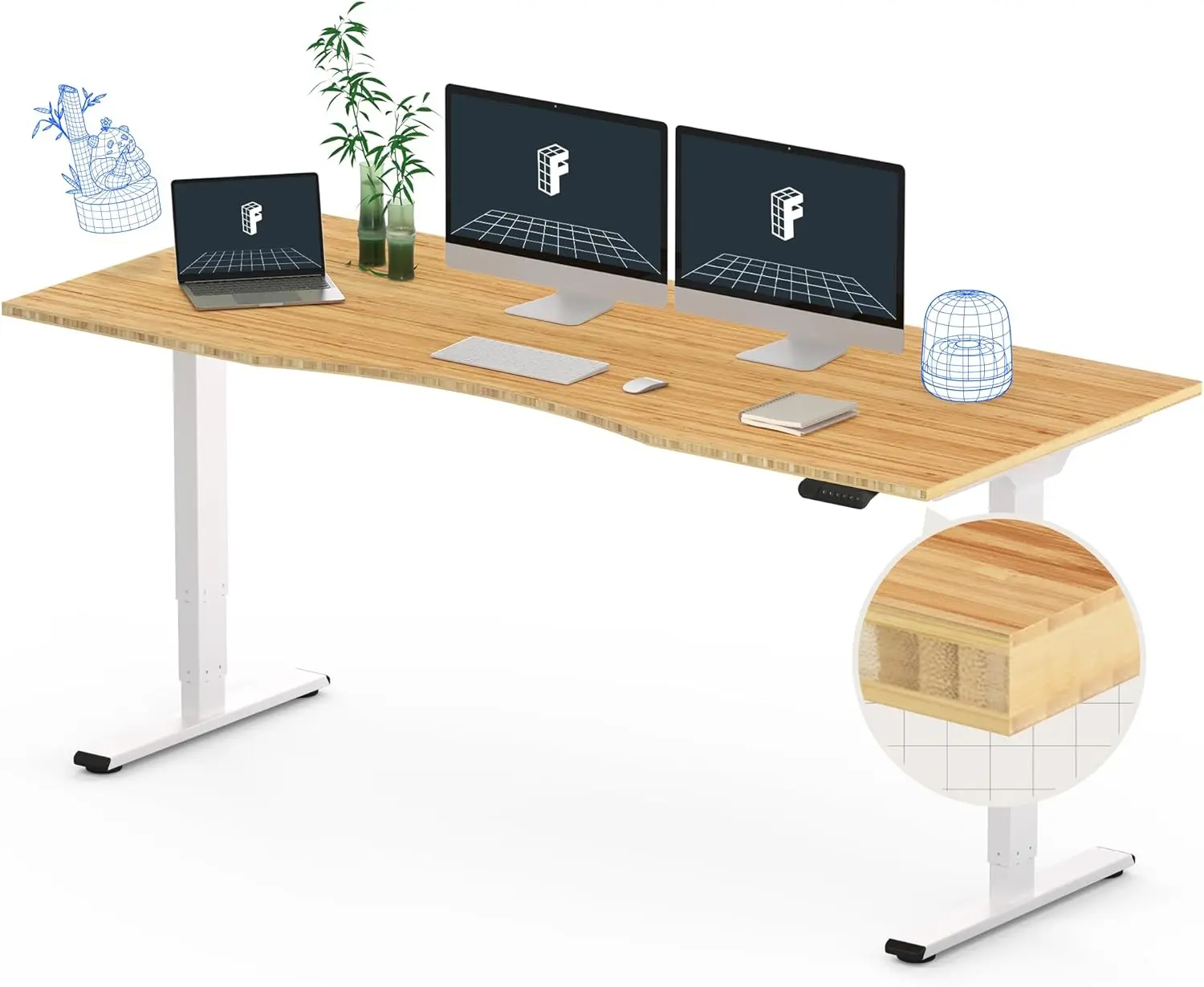 3 Stages Dual Motor Electric Standing Desk 72x30 Inch Bamboo Contour Whole-Piece Board Height Adjustable Desk Electric