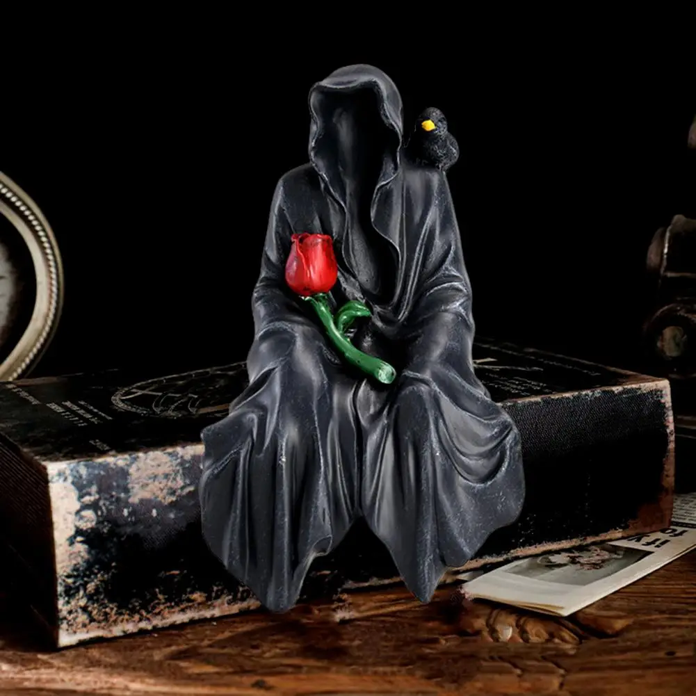 Grim Reaper Figurine Spooky Grim Reaper Resin Statue for Halloween Decor Black Robed Death Ghost Figurine for Home Office