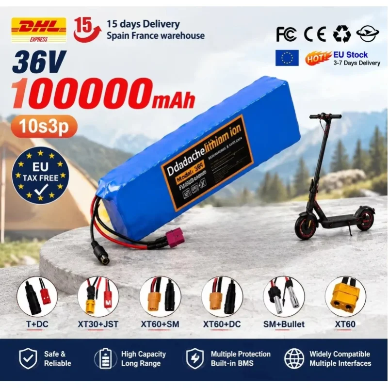 18650 Lithium-Akkupack 10S3P 36V 100000mAh, 1000W Leistung, wiederaufladbarer Lithium-Akku mit BMS-Schutz, geeignet für FIIDO D1/D2/D2S/D4S klappbare E-Bikes und modifizierte Elektroroller.