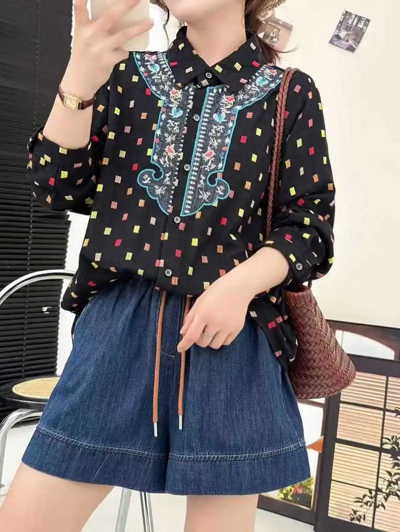 اليابانية خمر موري فتاة مكعب طباعة التطريز المرقعة تي شيرتات قطن المرأة الخريف رفض طوق كم طويل بلوزة غير رسمية