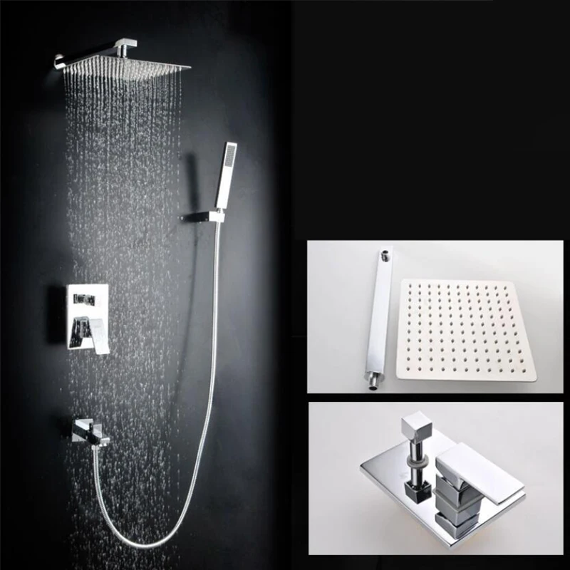 Single Handle Concealed Wall Mounted Chrome Rainfall Shower Set For Bathroom 10 Inches Square Shower Head Ceramic Valve Core